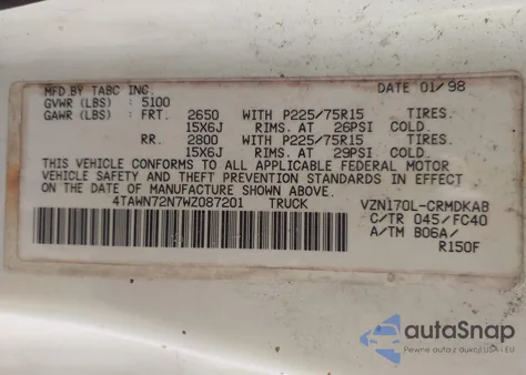 1998 Toyota Tacoma Base V6 z USA, uszkodzony, nr VIN 4TAWN72N7WZ087201